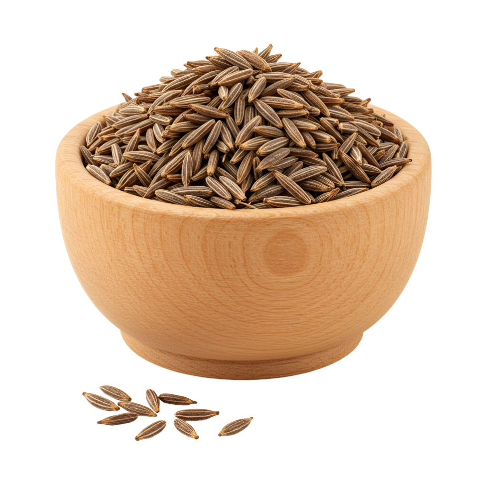 Wooden bowl filled with many cumin seeds against a plain bright background in a studio setting transparent background png