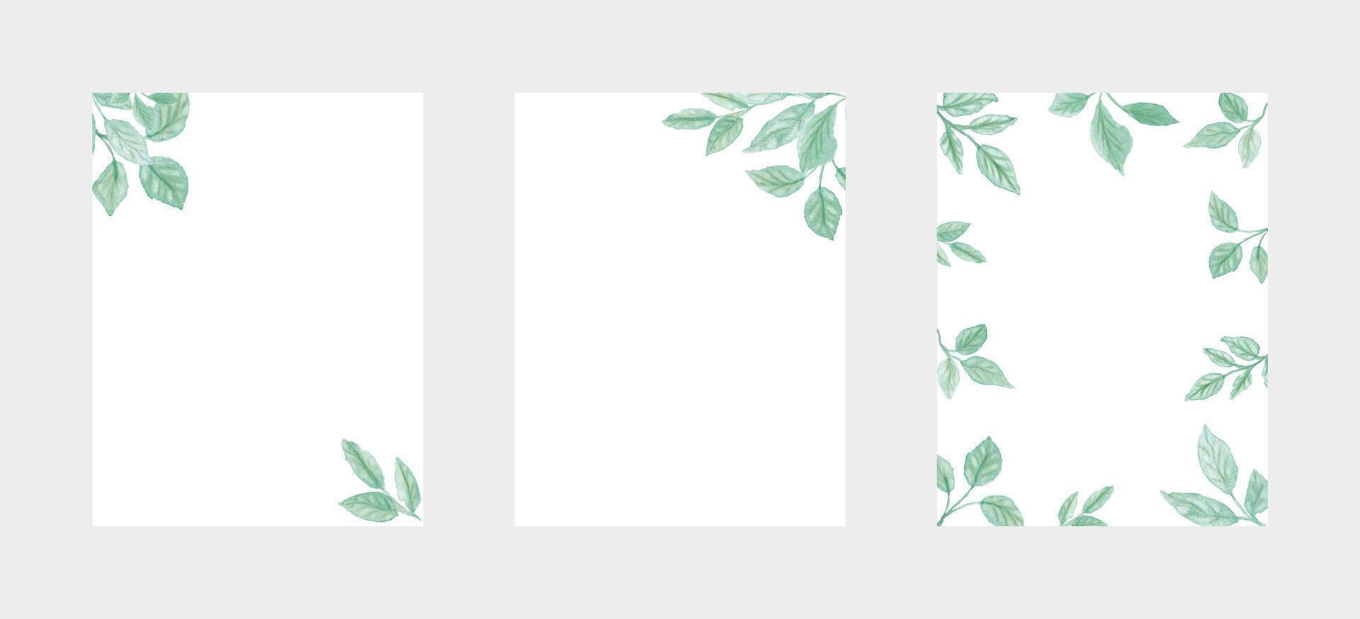 Watercolor hand painted green stems with leaves minimalistic border frames set.Templates with copy space for postcards, banner posts, invitations or greeting cards vector