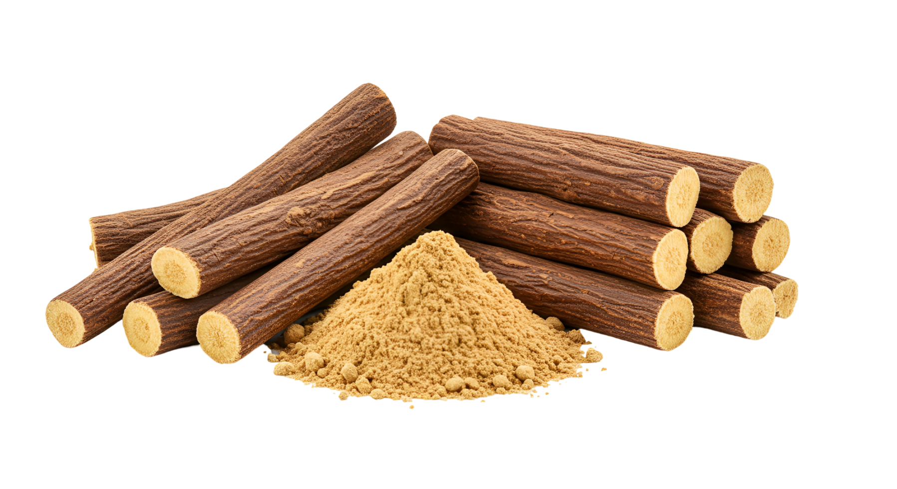 A pile of licorice sticks and a mound of powder on a plain studio style presentation surface transparent background png