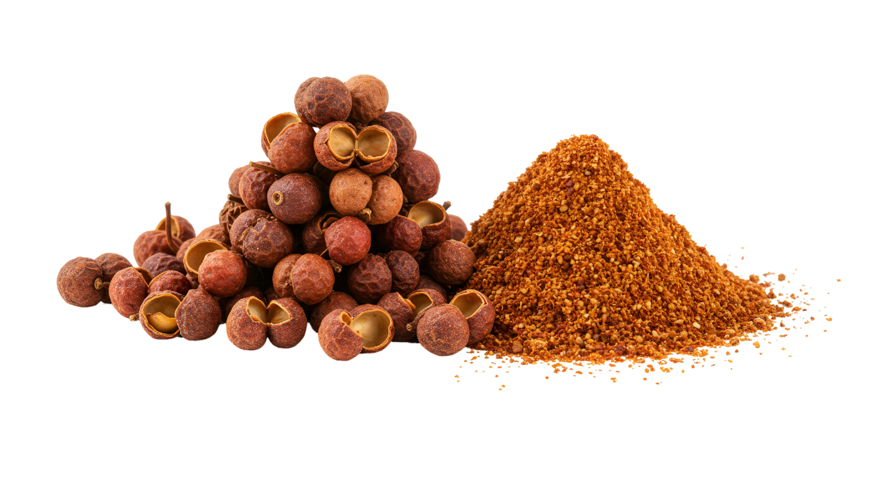 Pile of szechuan peppercorns next to a mound of ground spice on a plain colored surface transparent background png