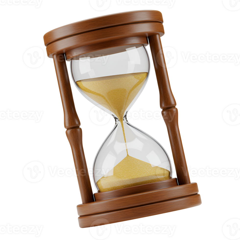 A classic hourglass with golden sand flowing, encased in a wooden frame, showing the passage of time transparent background png