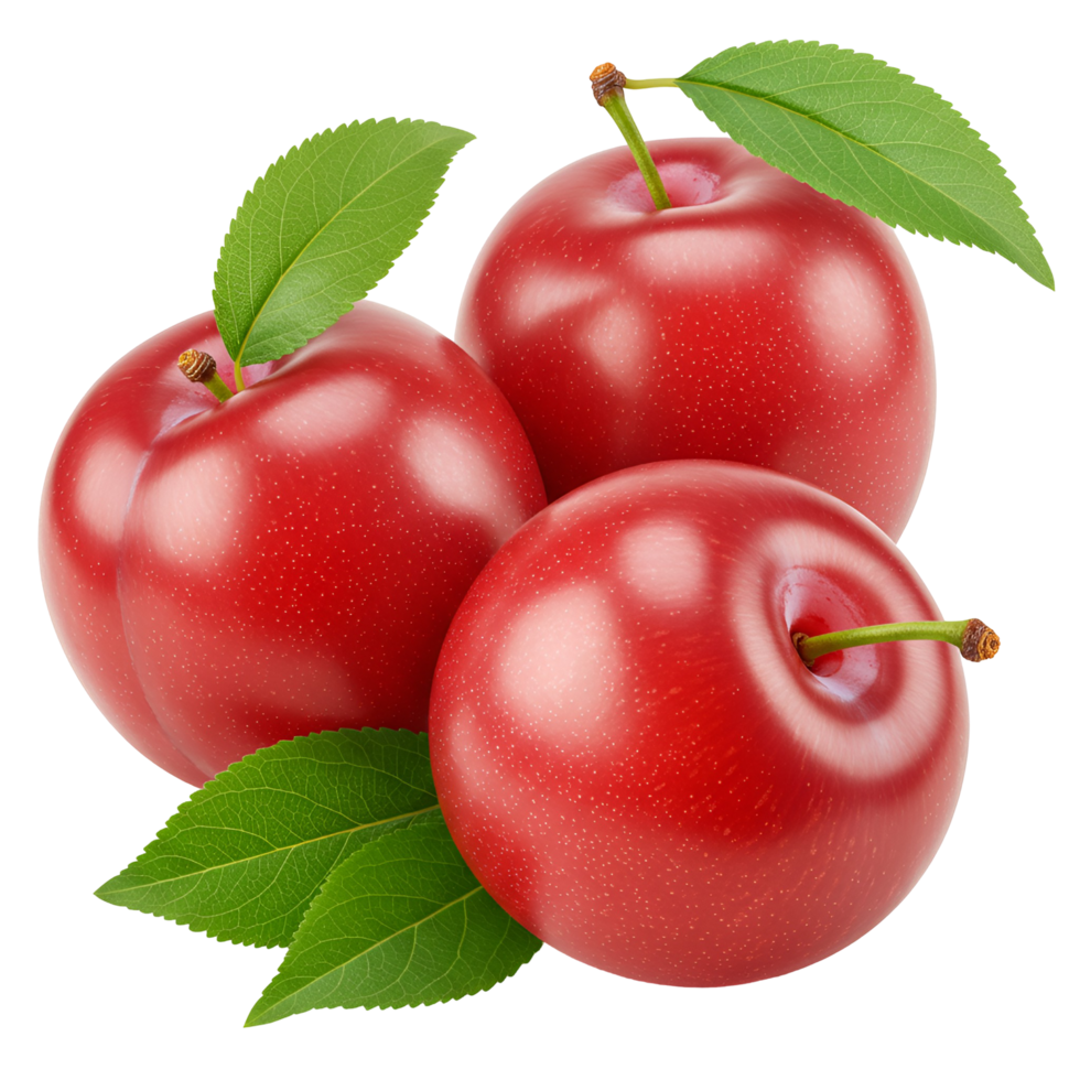 A close up of three fresh plums with green leaves on a plain studio style setting and smooth lighting transparent background png