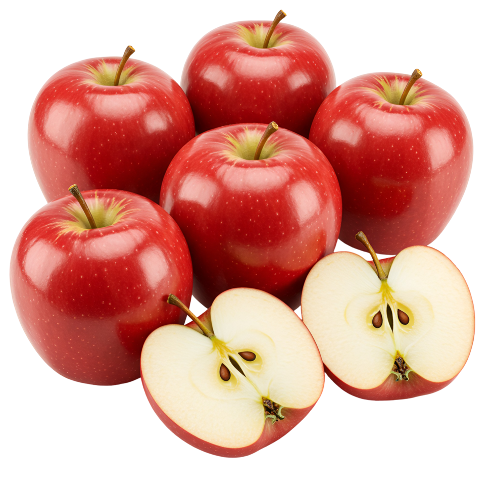 A group of several shiny crimson apples with two cut in half on a simple plain colored setting transparent background png