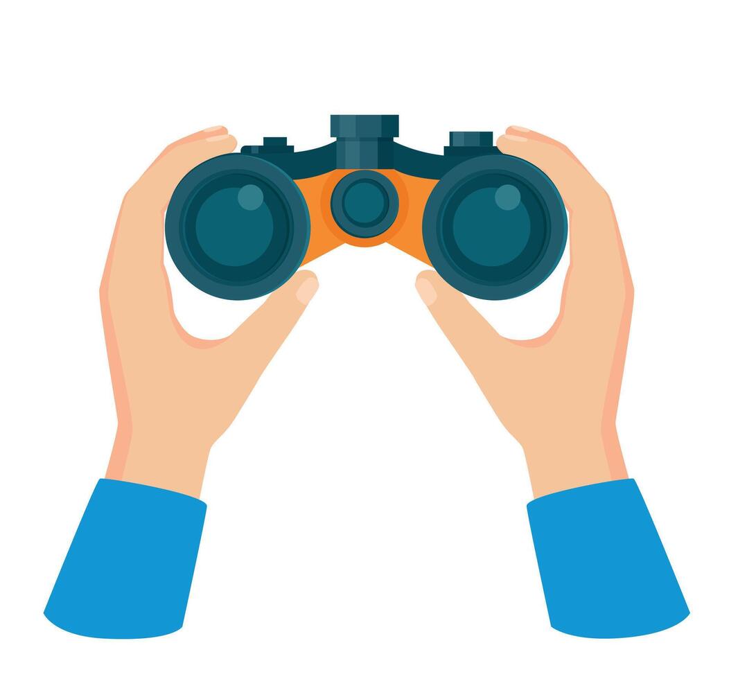 Person Holding Binocular in Hand and Looking Far Ahead, Watching Someone Closely. Observation, Discovery, Future concept. vector