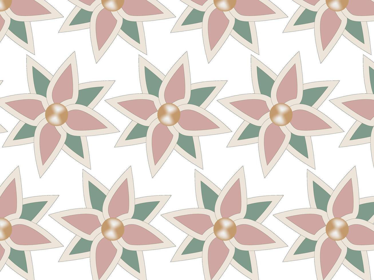 Symmetrical floral pattern in pastel green, pink, and cream. Each flower has a gold center, creating an elegant and decorative design. vector