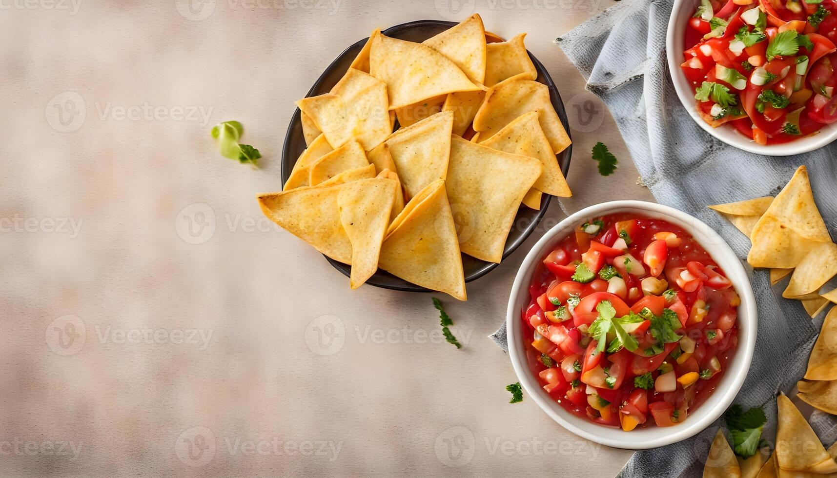 Bowl of tomato salsa served with nachos chips, horizontal shot on a beige stone background photo