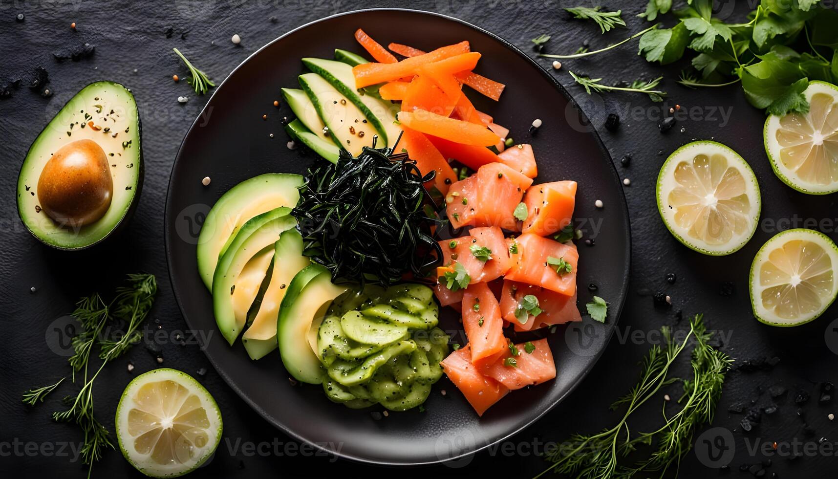 Salmon poke with avocado, seaweed, pickled carrots and cucumber on black stone table. Top view photo