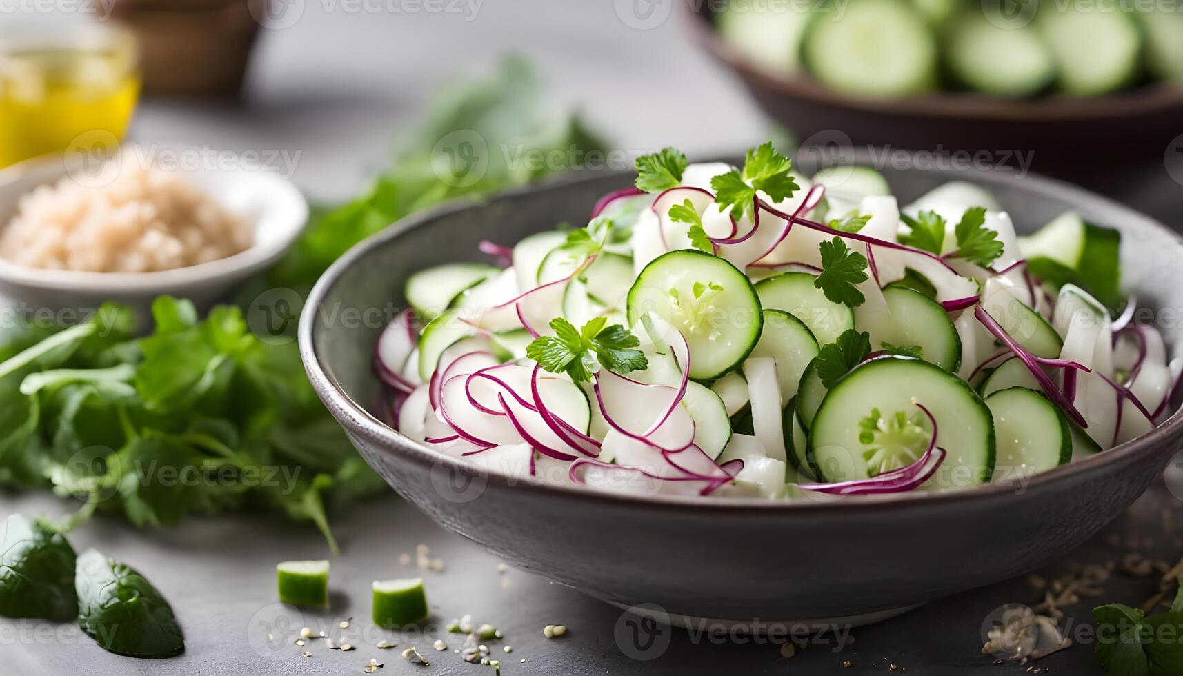 fresh cucumber and daikon radish salad in bowl, healthy vegan raw food photo