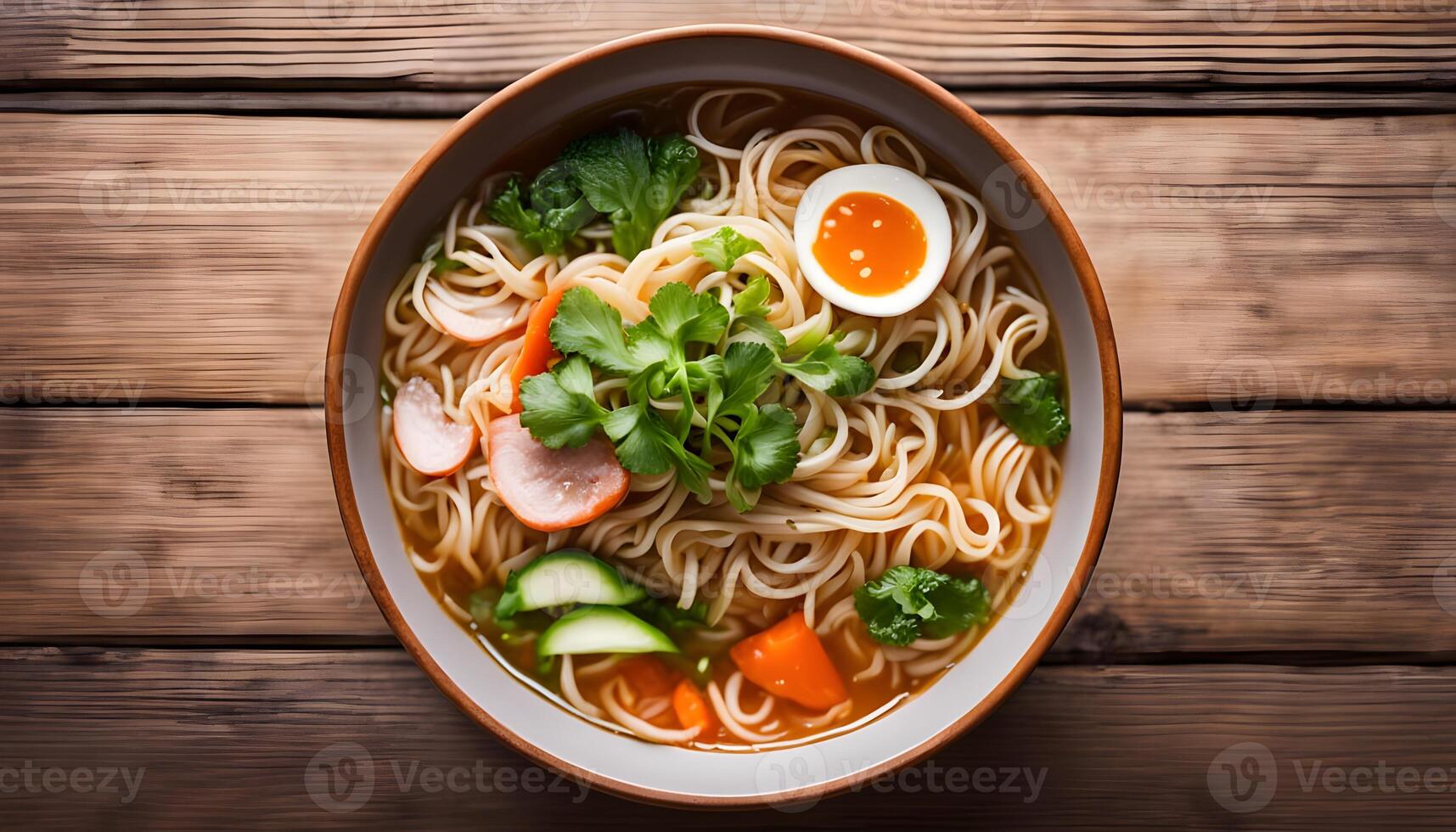 top view noodle soup in bowl on wood table photo