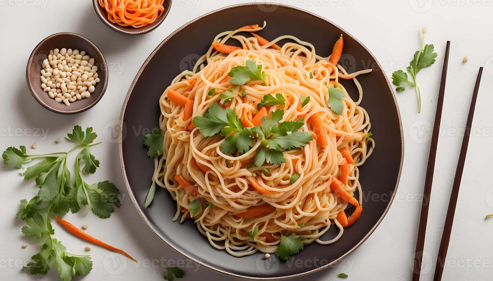 Funchoza noodles with carrots, on a white background, isolated. Top view. photo