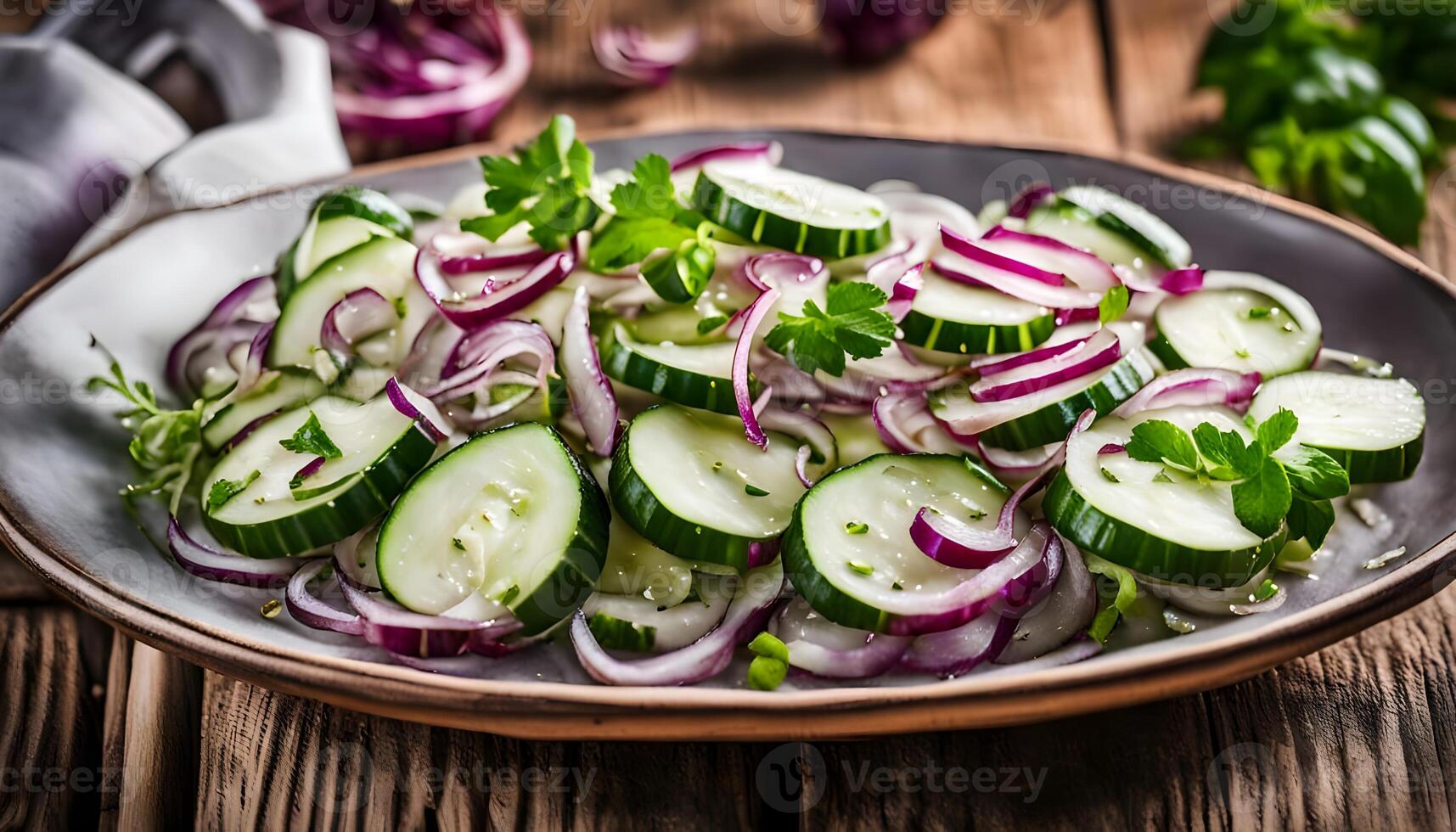 Cucumber and red onion salad on wooden background photo