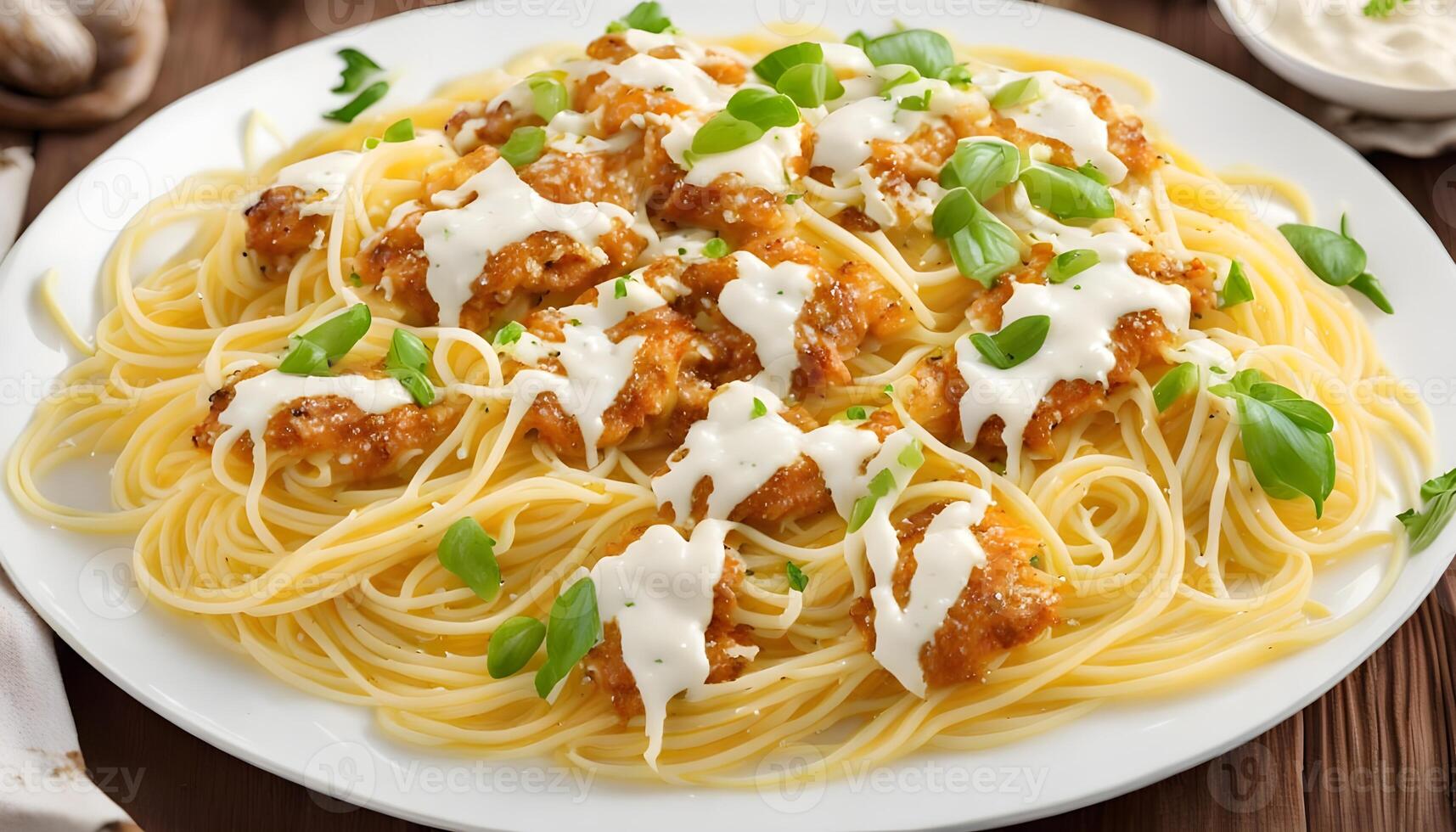 spaghetti pasta with lemon cream top with crispy chicken and cheese photo