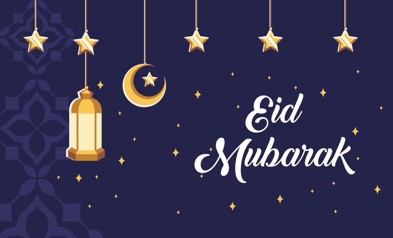 Eid Mubarak Greeting Card with Lantern, Stars, and Crescent Moon background vector