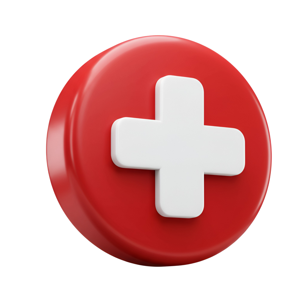 A red round object with a raised white plus sign in the center on a plain simple background transparent background png
