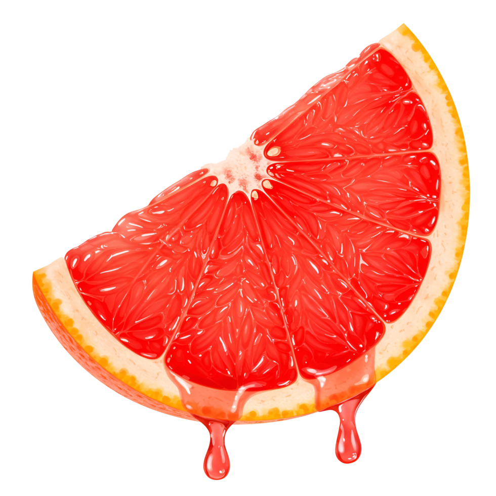 A vibrant slice of grapefruit with juice dripping down on a plain backdrop in a close up view style transparent background png