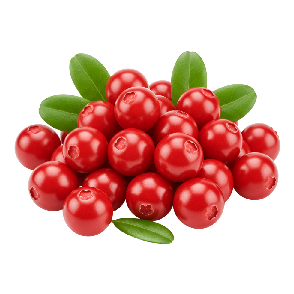 A vibrant pile of cranberries with fresh green leaves against a plain colored setting view from above transparent background png