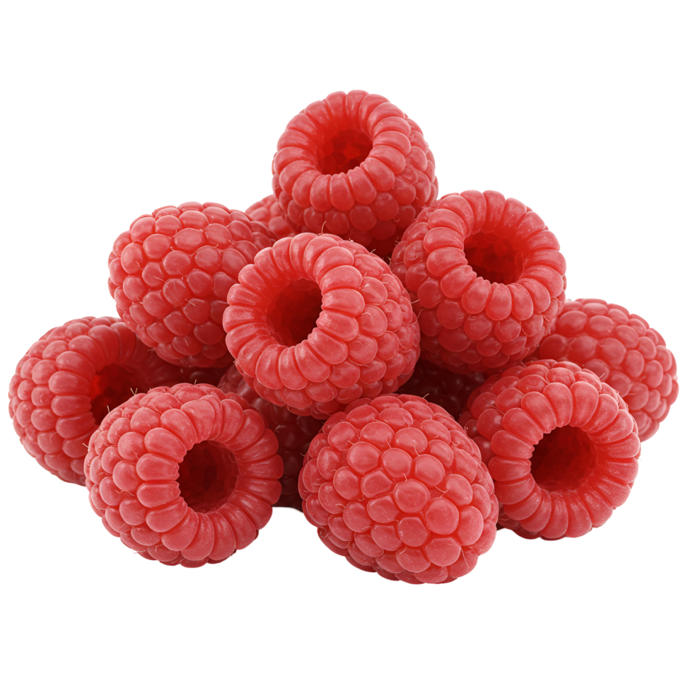 A group of fresh raspberries piled together in a close up shot on a plain studio style setting transparent background png