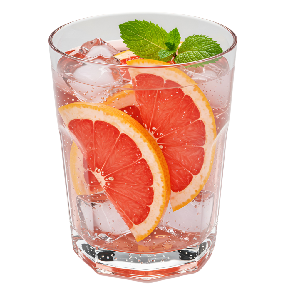 Refreshing beverage in a glass with grapefruit slices ice and mint sprigs on a transparent surface transparent background png
