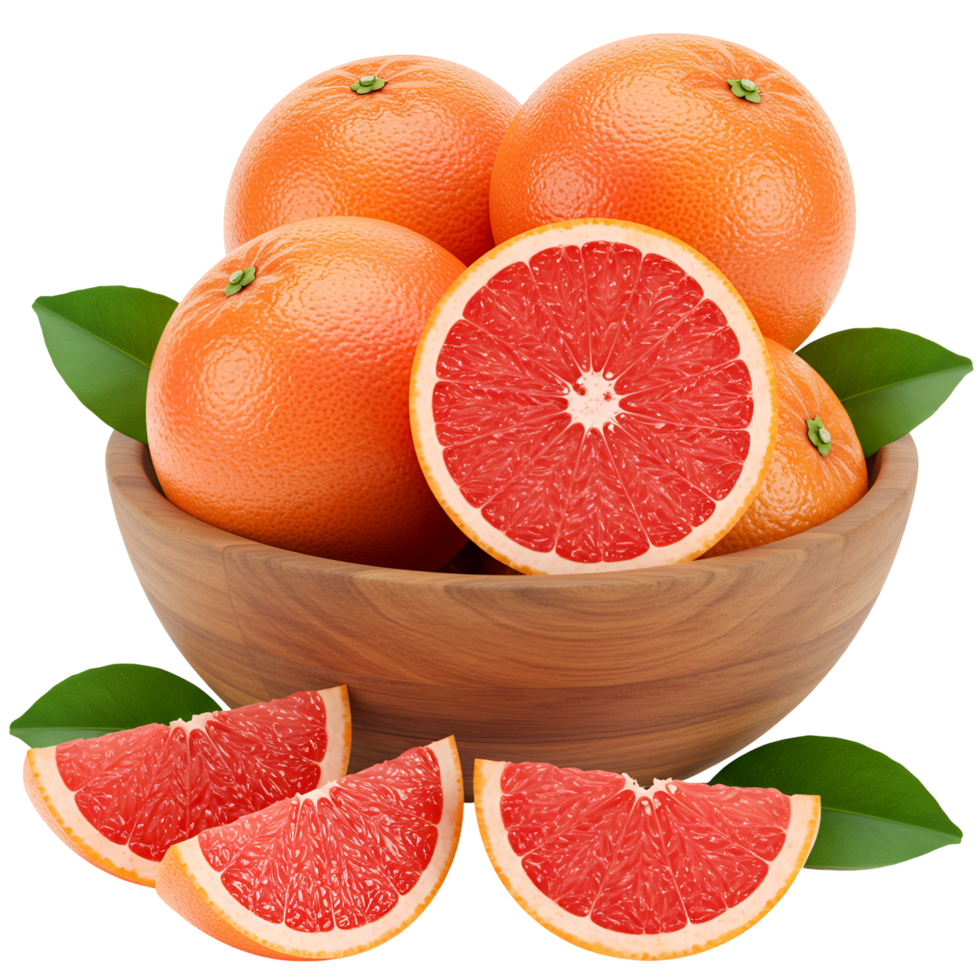 A wooden bowl filled with whole and sliced grapefruits and several green leaves around the citrus fruit transparent background png