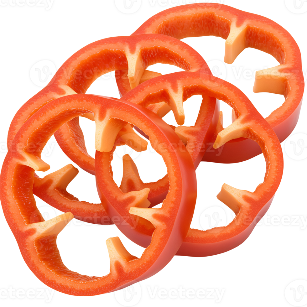 A close up view of several slices of a vibrant orange bell pepper stacked on top of each other nicely transparent background png