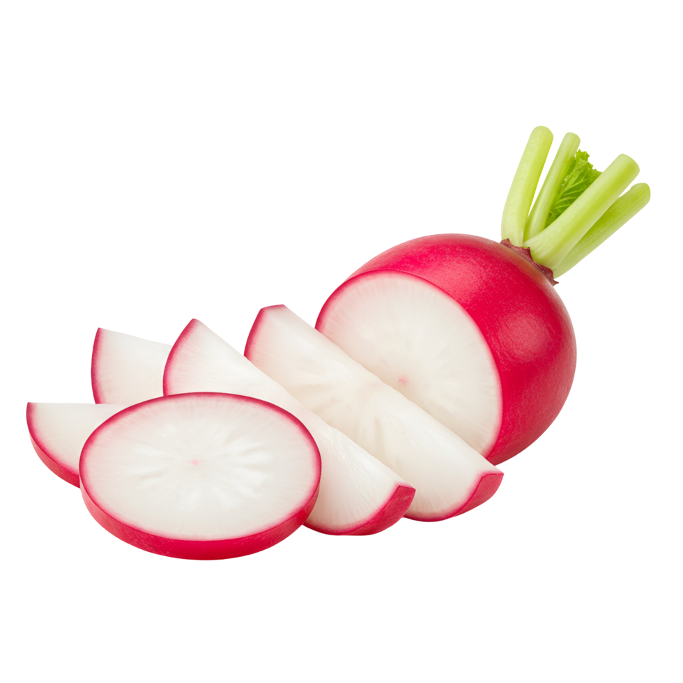 A fresh radish with green leaves and several slices isolated on a plain color environment transparent background png
