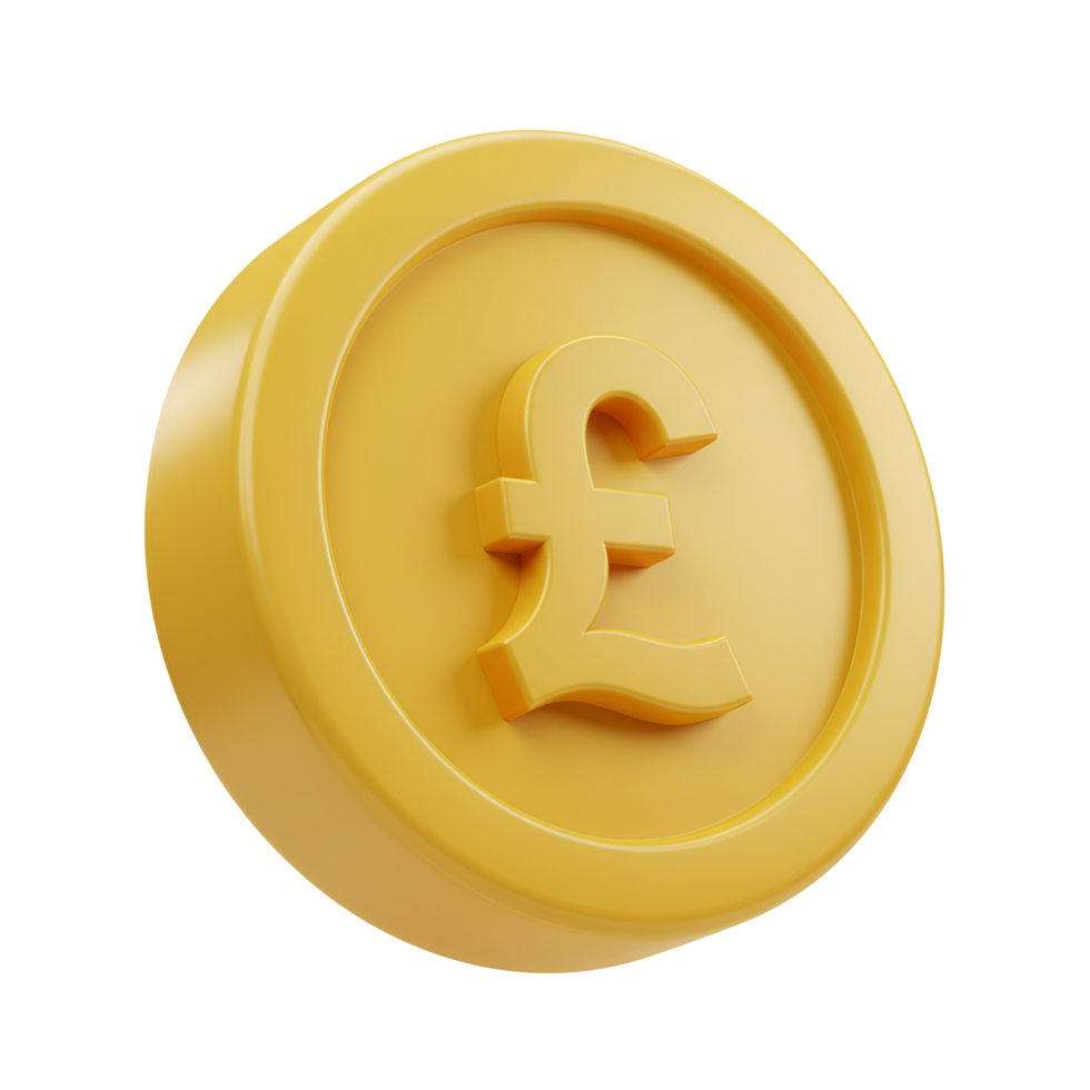 A single golden pound coin with the pound symbol centered on a transparent background isolated view transparent background png