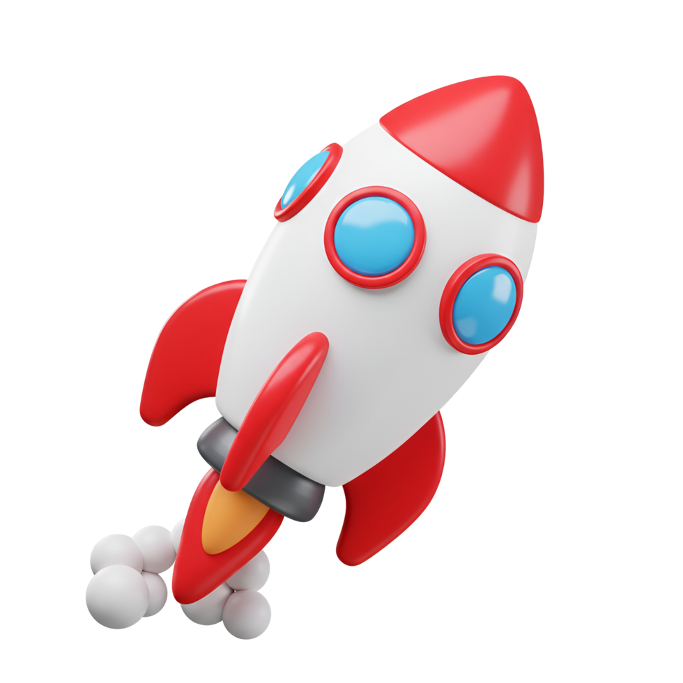 A cartoon rocket ship with red and white coloring launching with smoke on a plain colored space transparent background png