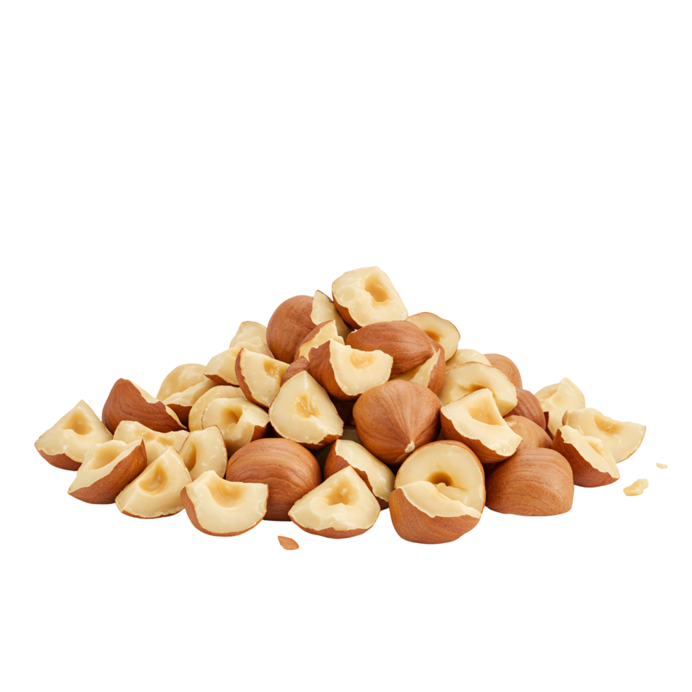A pile of peeled hazelnuts on a plain surface showing the texture and color of the nut kernels nicely transparent background png