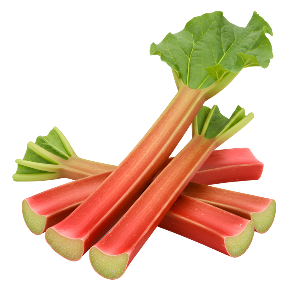 Close up of several stalks of rhubarb with leaves stacked against a plain background view from above transparent background png