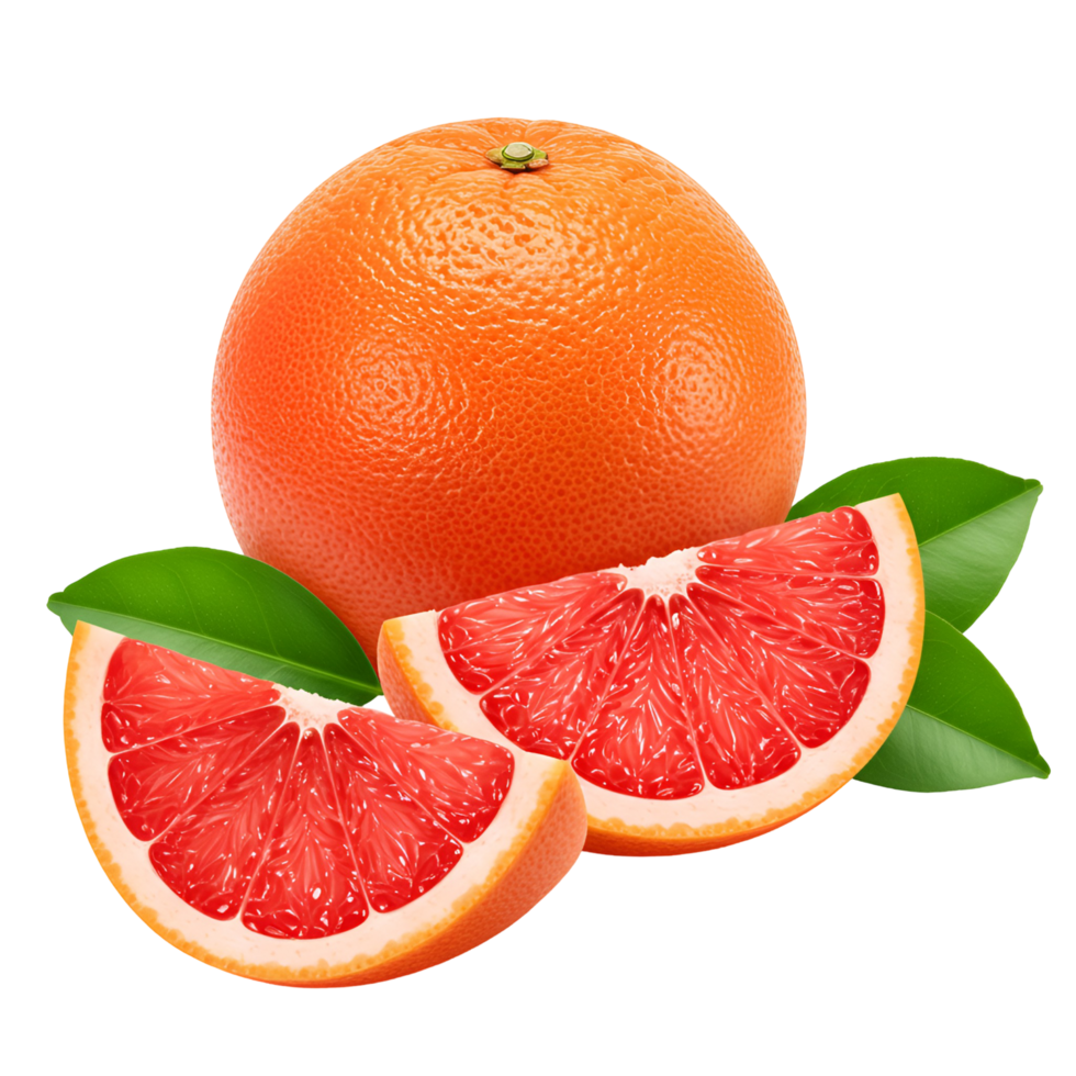 A vibrant grapefruit still life featuring whole fruit and slices with green leaves on a plain space transparent background png