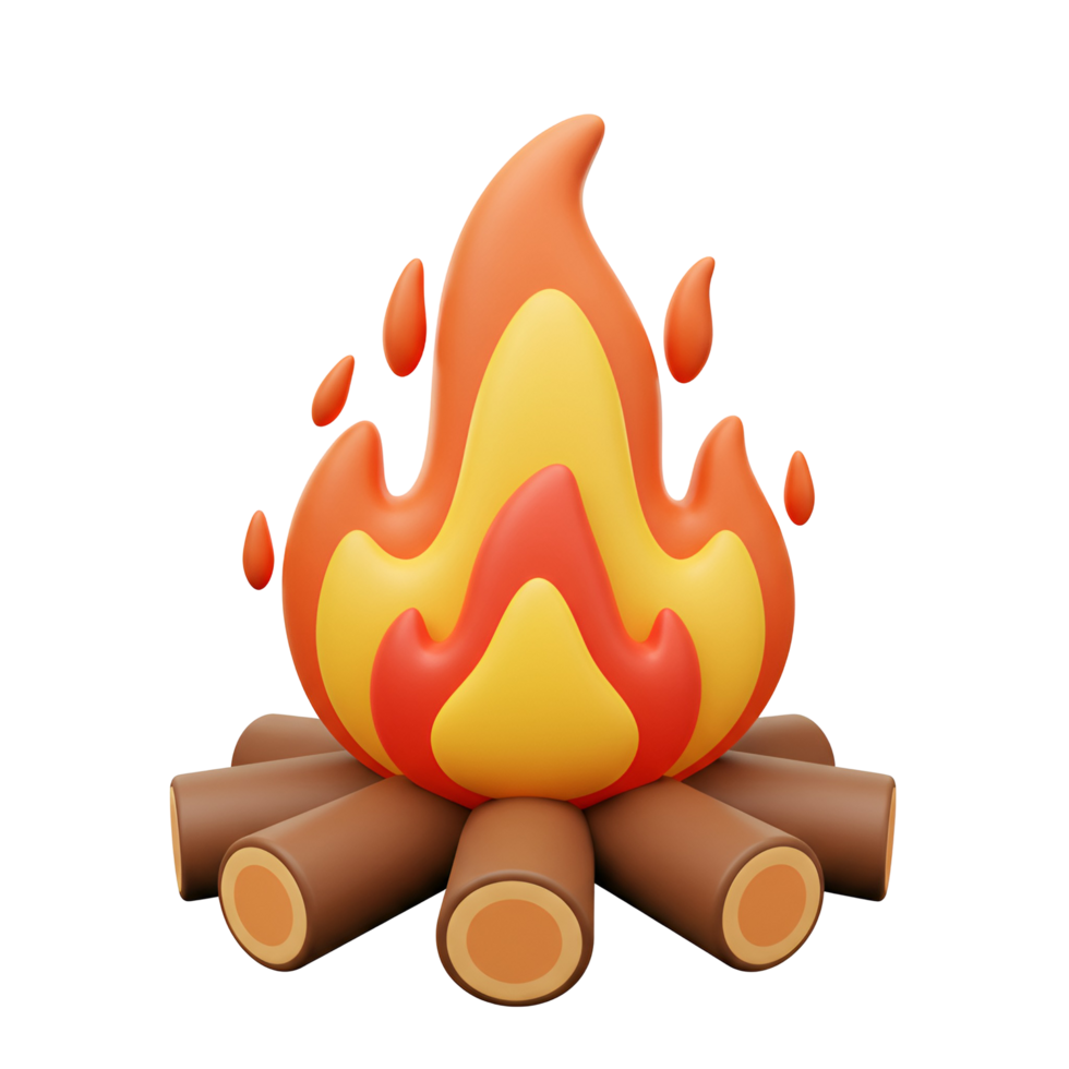 Illustration of a campfire with logs and flames in shades of orange and yellow on a plain space transparent background png