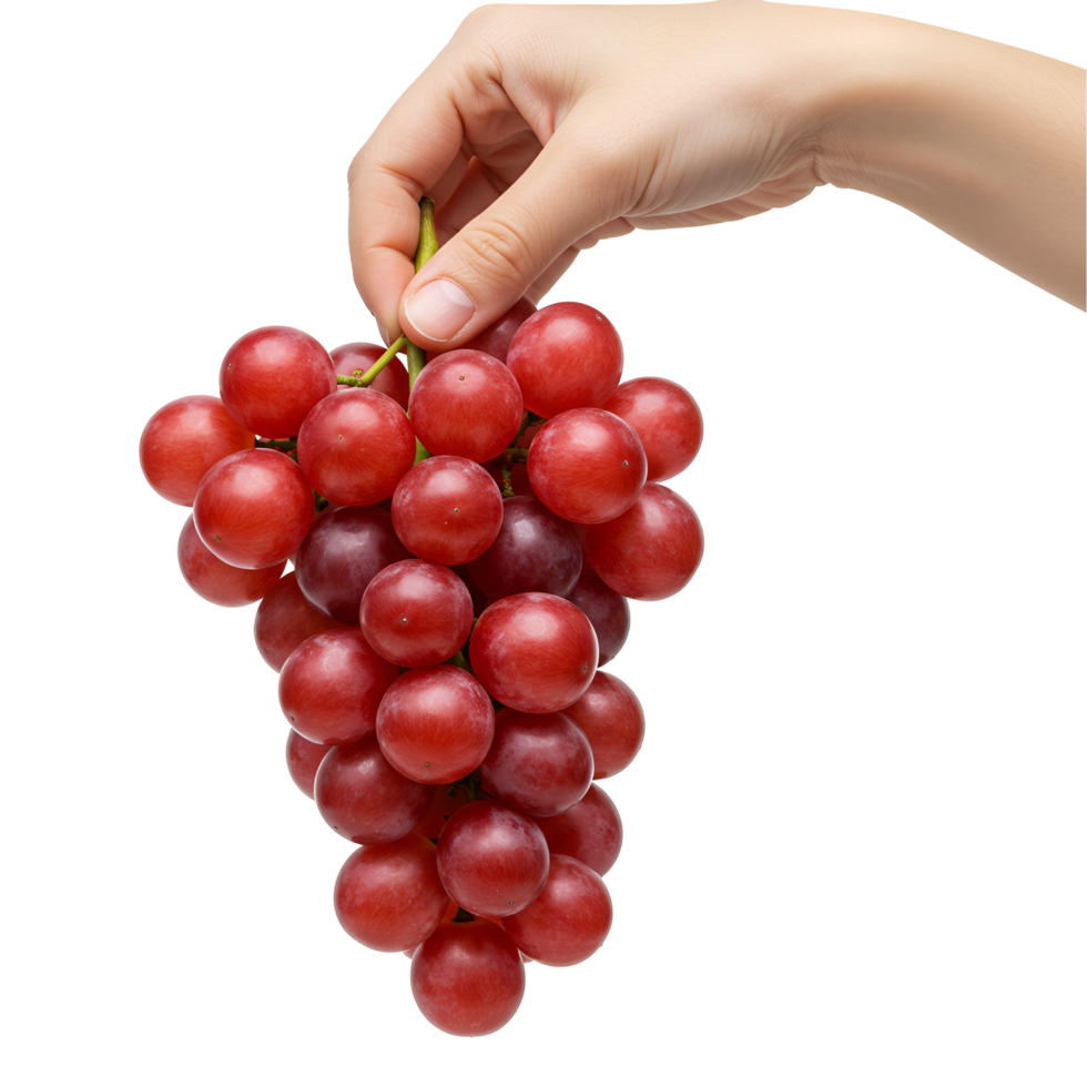 Hand holding a bunch of ripe red grapes against a plain backdrop in a studio setting clearly visible transparent background png