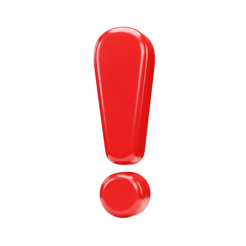 A glossy, vivid red exclamation point floating against a solid, featureless, simple plain backdrop transparent background png