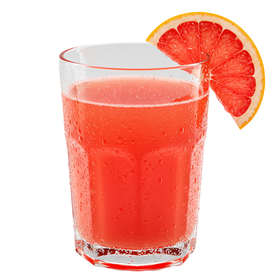 A refreshing glass of pink grapefruit juice with a slice of grapefruit on a plain isolated setting view transparent background png