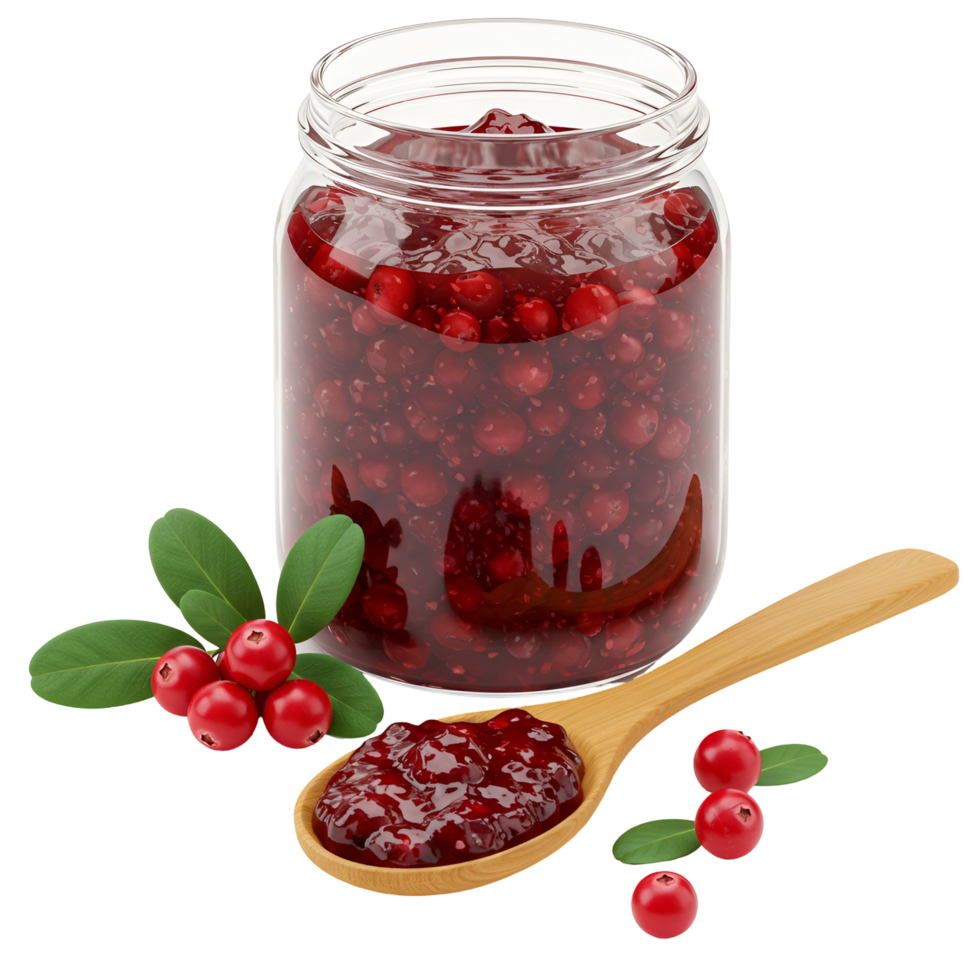 A glass jar filled with cranberry sauce and a wooden spoon with cranberries and leaves around it transparent background png