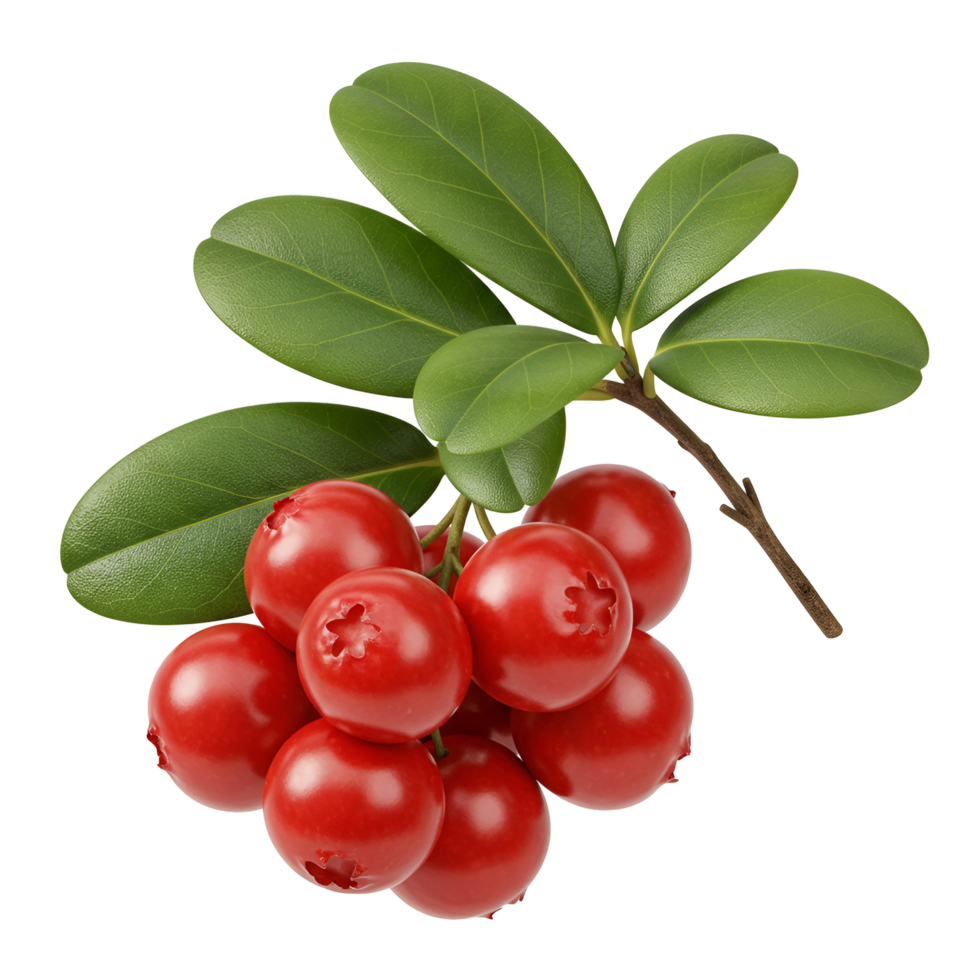 Cluster of vibrant red lingonberries with green leaves against a plain transparent area view image transparent background png