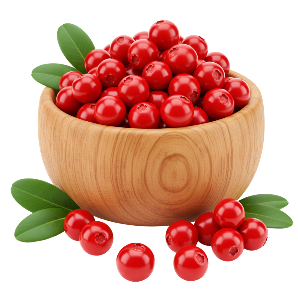 Abundance of vibrant red cranberries overflowing from a light wooden bowl with green leaves around it transparent background png