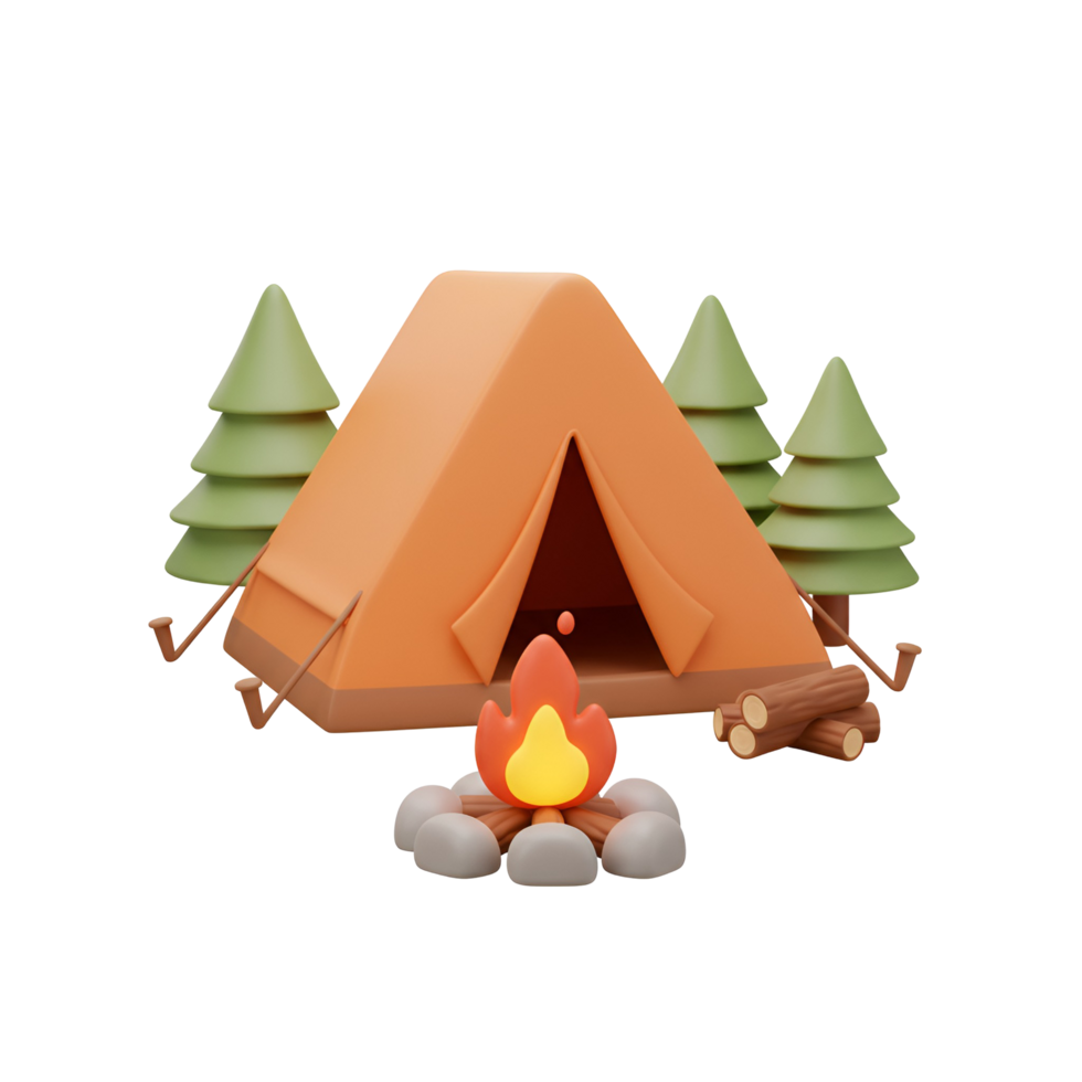 A stylized camping scene featuring a tent campfire and trees in a rendered cartoonish style image transparent background png
