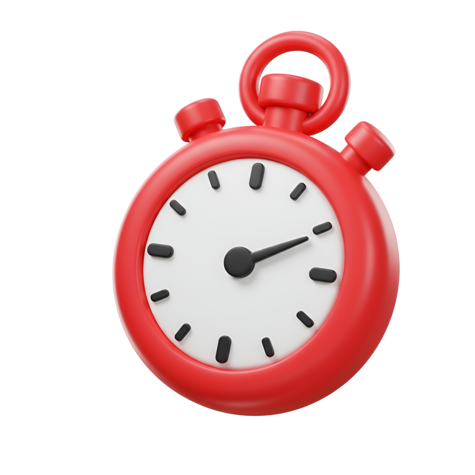 A vibrant illustration of a red stopwatch with a white face and indicators on a plain setting transparent background png