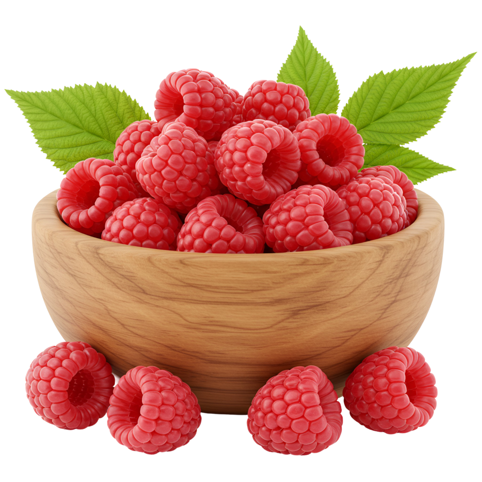 A wooden bowl filled with fresh raspberries and a few leaves on a plain transparent background image transparent background png
