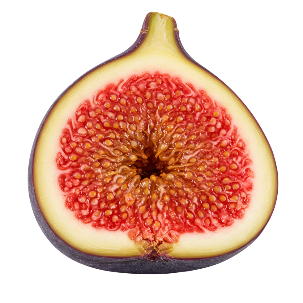 A close up view of a halved fig showing the seeds and skin on a plain isolated setting space transparent background png