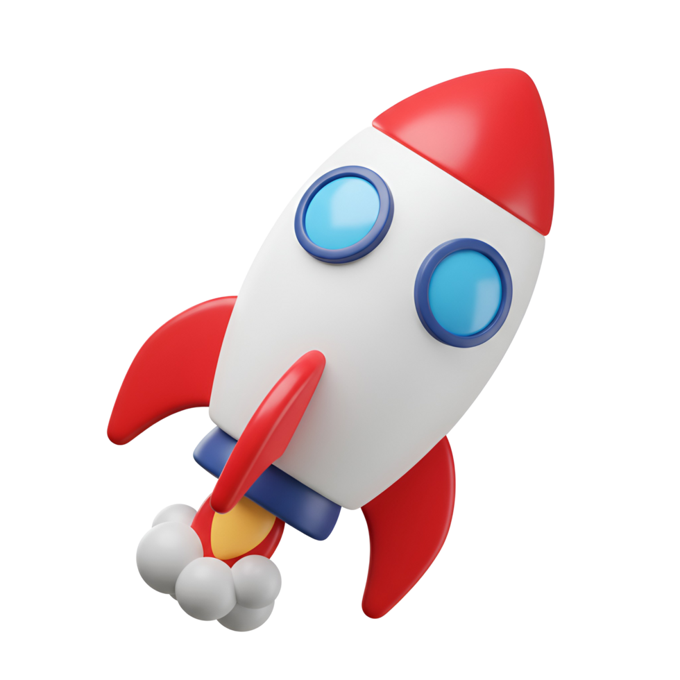 A cartoon rocket ship with red and white colors launching into space with a transparent canvas view transparent background png