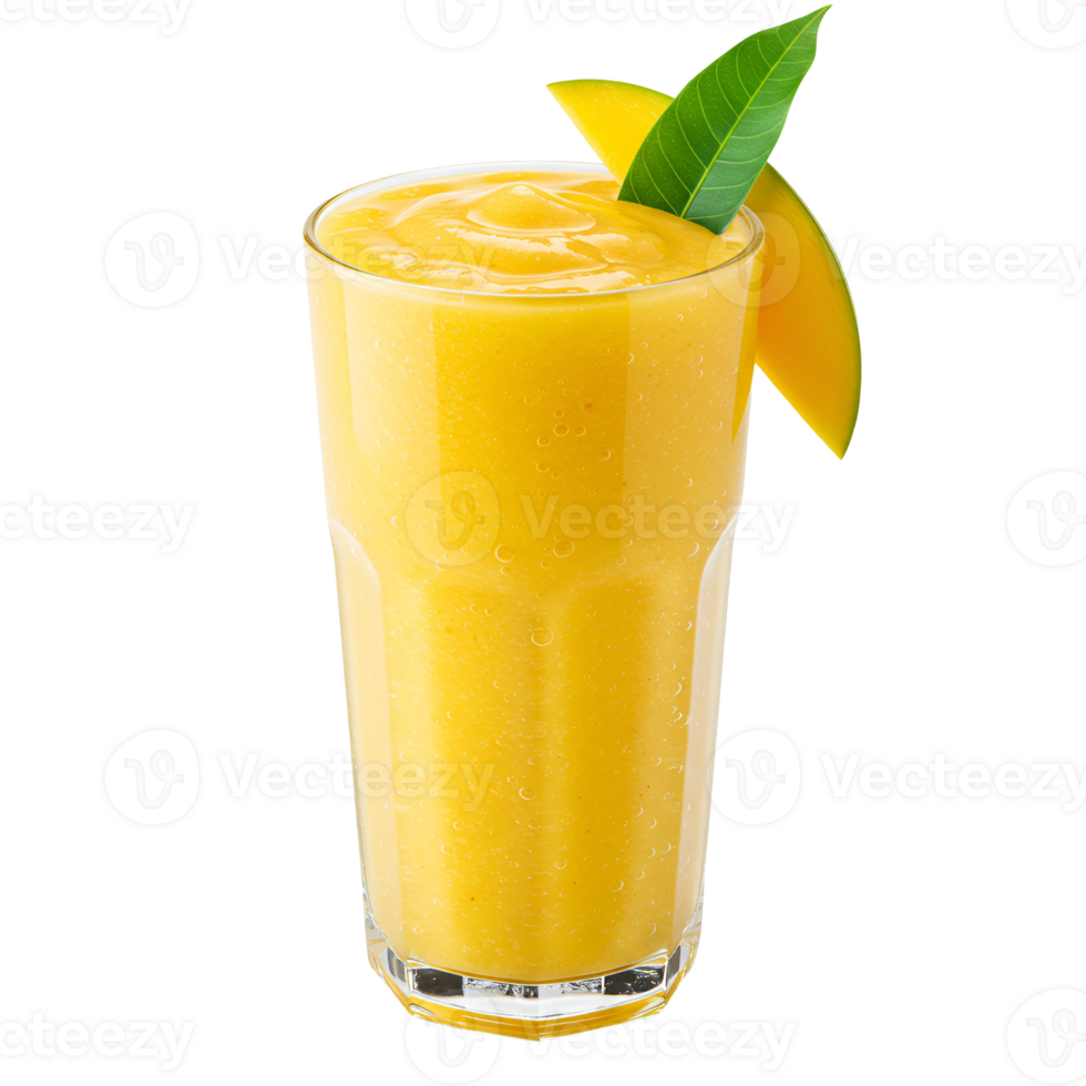 A glass filled with yellow smoothie garnished with a leaf and a slice of fresh vibrant fruit piece transparent background png