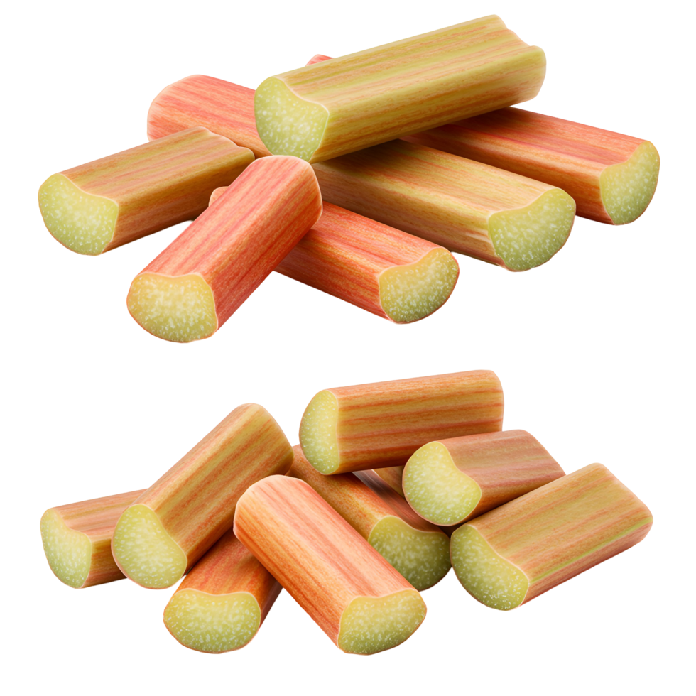 A vibrant arrangement of fresh rhubarb stalks on a plain surface, ready for culinary creations today transparent background png