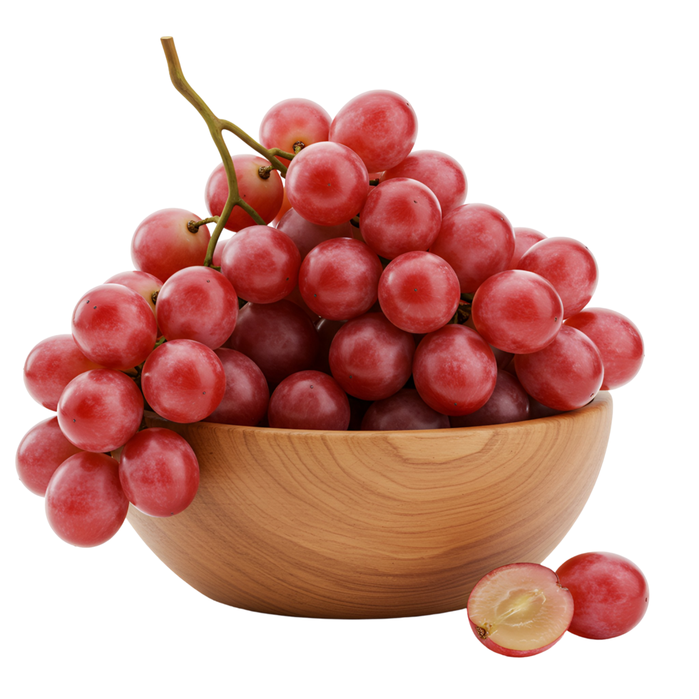 A wooden bowl filled with a bunch of fresh red grapes and a few grapes on the surface near the bowl transparent background png