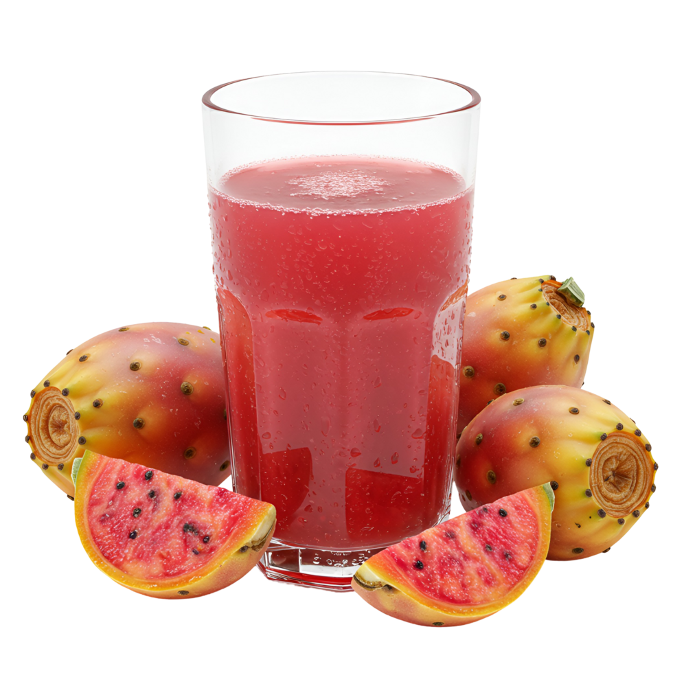 A glass of vibrant prickly pear juice surrounded by whole and sliced prickly pears on a plain setting transparent background png