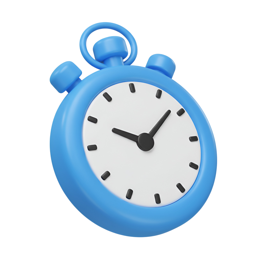 A blue cartoon alarm clock with a white face and hands indicating the time on a simple design clock face transparent background png