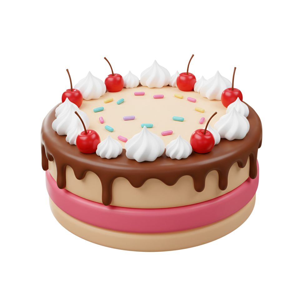 A layered cake with chocolate frosting, cherries, and whipped cream decorations on a plain background transparent background png