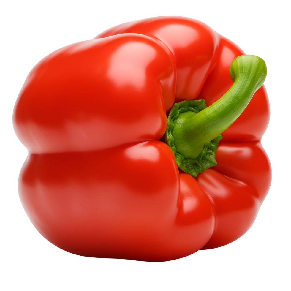 A single, vibrant, fresh, and ripe bell pepper with a green stem isolated on a plain background transparent background png