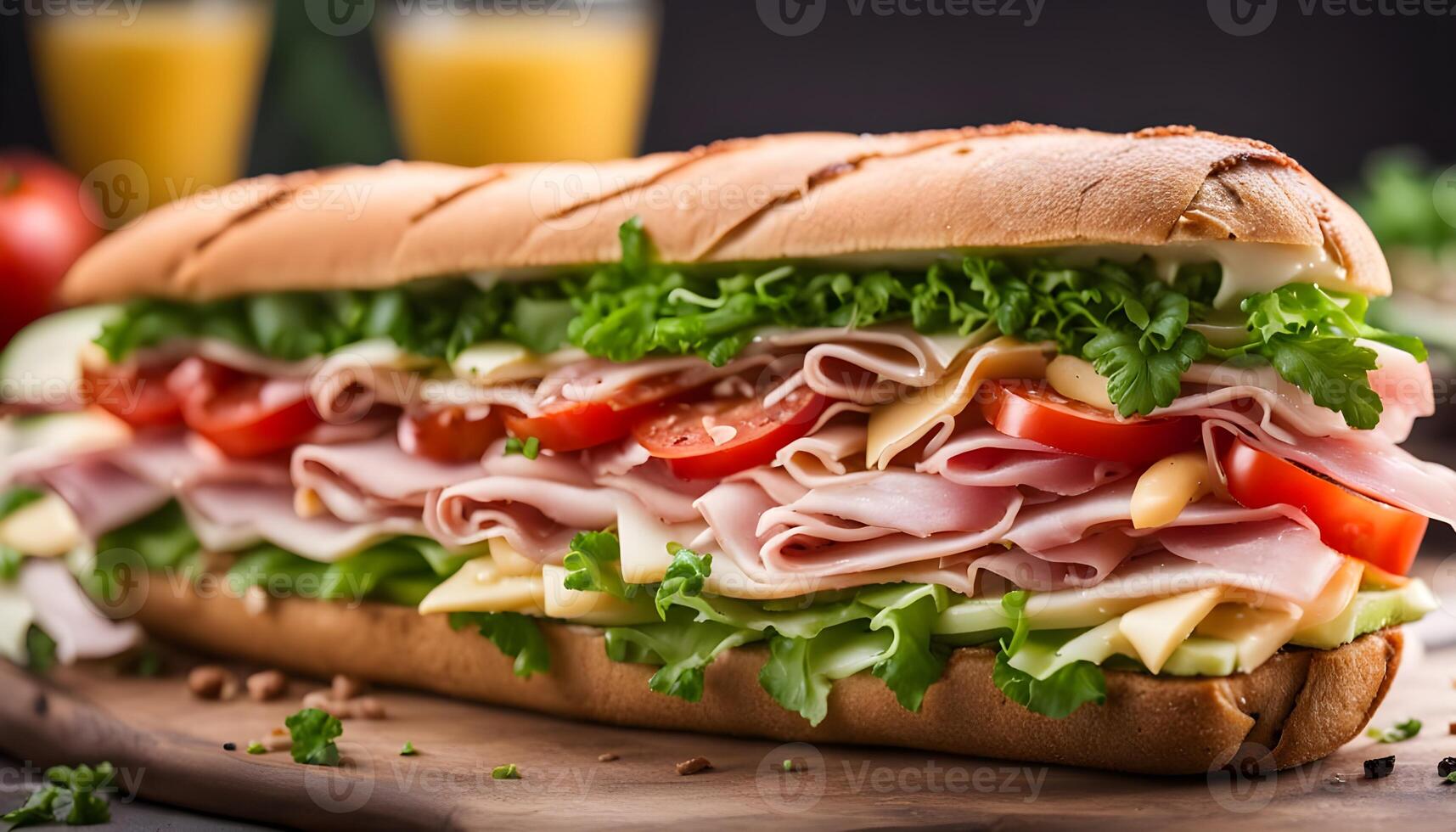 Submarine sandwiches with ham, cheese, tomatoes, cabbage and cucumber. Fresh delicious dish photo